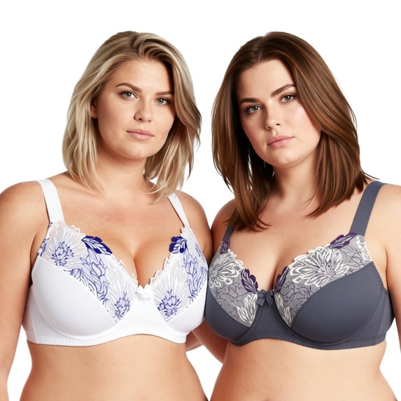 Curve Muse Womens Plus Size Minimizer Underwire Unlined Bra with Embroidery Lace-2Pack-BUTTERMILK,GRAY-36B