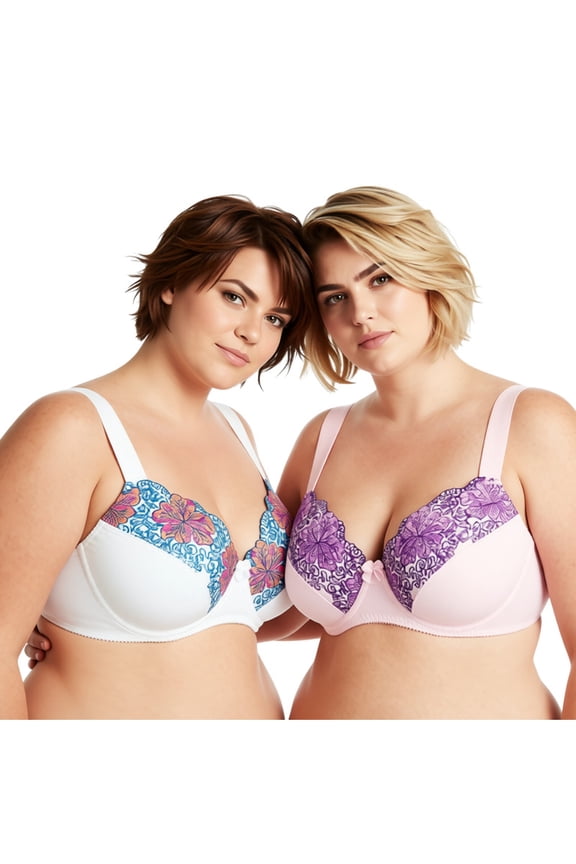 Womens Plus Size Minimizer Underwire Unlined Bra with Embroidery Lace-2Pack-BUTTERMILK,ORCHID TINT-44B