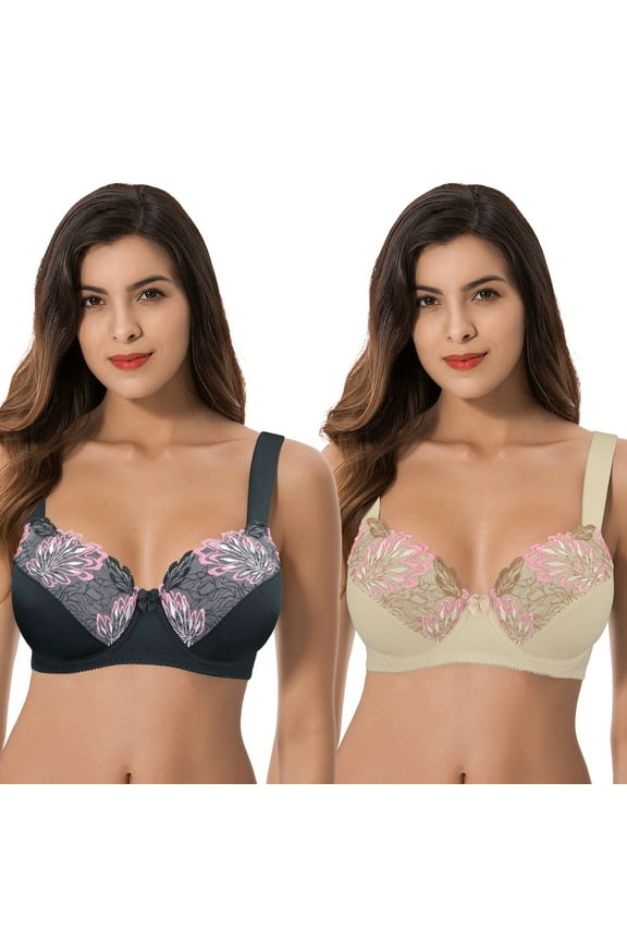 Womens Plus Size Minimizer Underwire Unlined Bra with Embroidery Lace-2Pack-NUDE,BLACK-34B