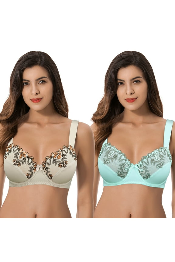 Womens Plus Size Minimizer Underwire Unlined Bra with Embroidery Lace-2Pack-NUDE,BLUE LIGHT-34B