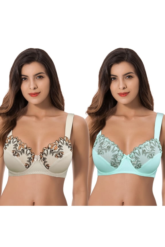 Womens Plus Size Minimizer Underwire Unlined Bra with Embroidery Lace-2Pack-NUDE,BLUE LIGHT-36DDD