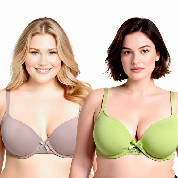 Curve Muse Womens Plus Size Perfect Shape Add 1 Cup Push Up Underwire Tshirt Bra-2PK-Grayish Brown,Peak Green-32B