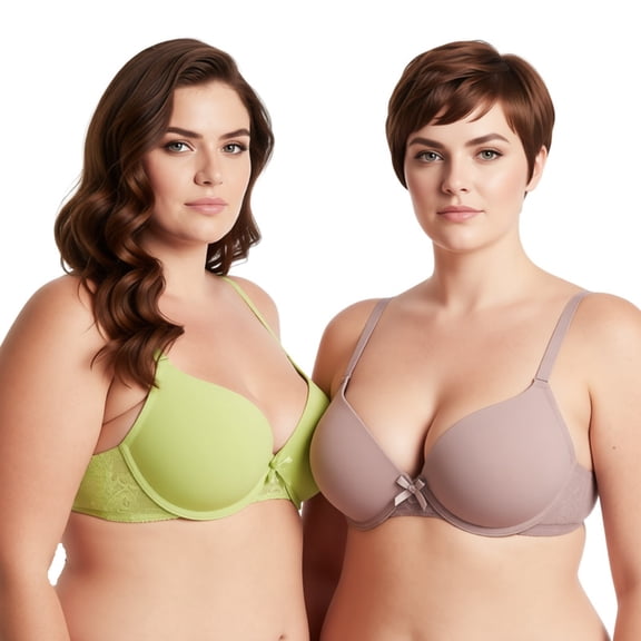 Curve Muse Womens Plus Size Perfect Shape Add 1 Cup Push Up Underwire Tshirt Bra-2PK-Grayish Brown,Peak Green-32B
