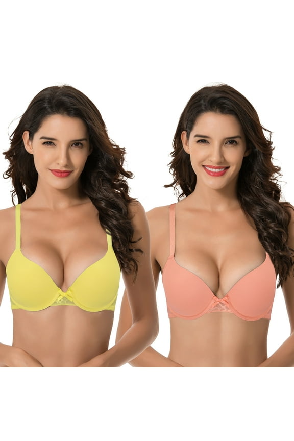 Womens Plus Size Perfect Shape Add 1 Cup Push Up Underwire Tshirt Bra-2PK-Yellow,Shrimp Pink-38C