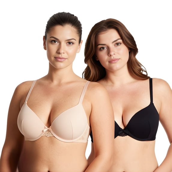 Curve Muse Womens Plus Size Push Up Add 1 Cup Underwire Perfect Shape Tshirt Bra-2PK-Black,Nude-42D