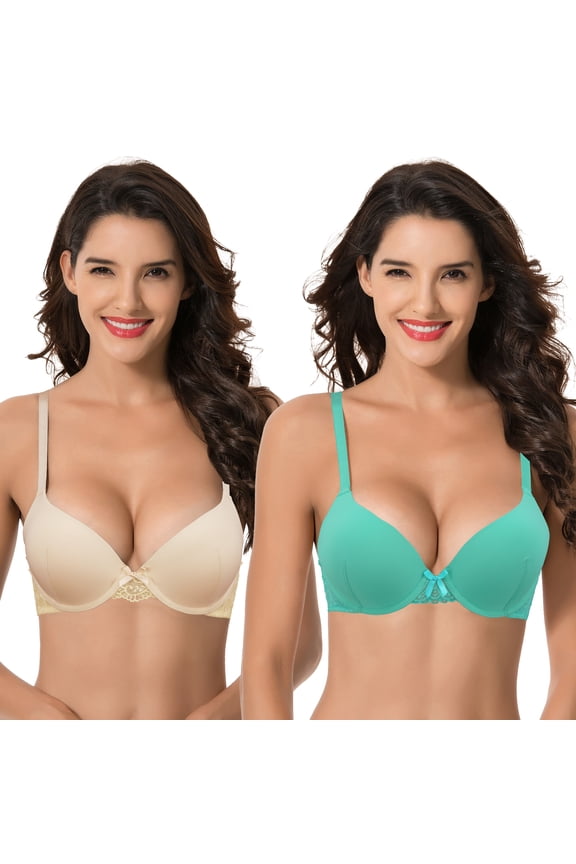Womens Plus Size Push Up Add 1 Cup Underwire Perfect Shape Tshirt Bra-2PK-Nude,Turquoise-46DD