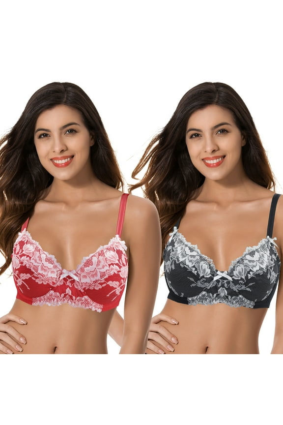 Womens Plus Size Unlined Semi-Sheer Balconette Underwire Lace Bra-2PK-BLACK,RED-34B