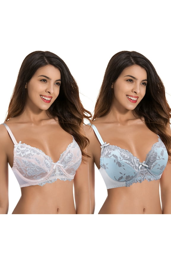 Womens Plus Size Unlined Semi-Sheer Balconette Underwire Lace Bra-2PK-PINK,LT BLUE-34B