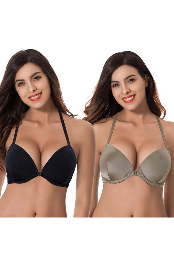 Womens Push Up Add 1 and a half Cup Underwire Halter Front Close Bras -2PK-Black,Deep Lichen Green-34D