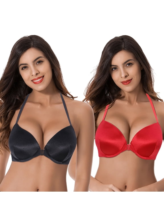 Womens Push Up Add 1 and a half Cup Underwire Halter Front Close Bras -2PK-Black,Red-32B