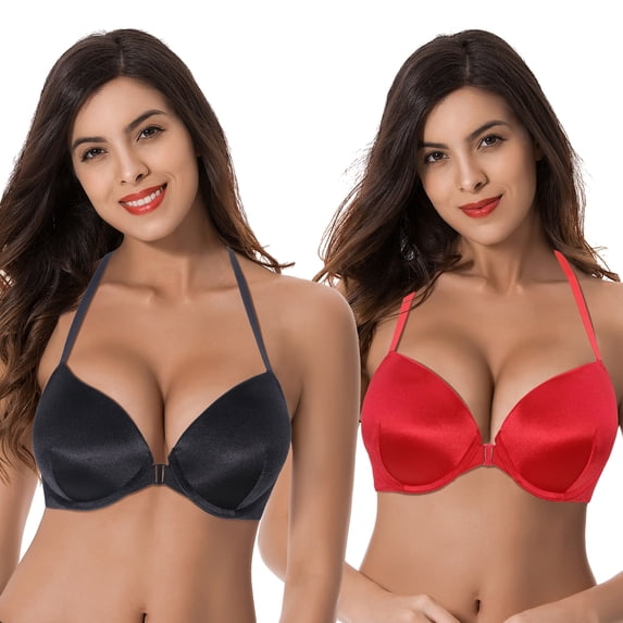 Curve Muse Womens Push Up Add 1 and a half Cup Underwire Halter Front Close Bras -2PK-Black,Red-38DD