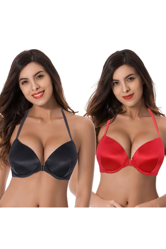 Womens Push Up Add 1 and a half Cup Underwire Halter Front Close Bras -2PK-Black,Red-38DD