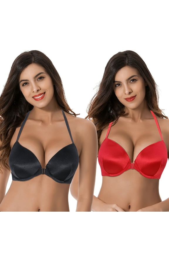 Womens Push Up Add 1 and a half Cup Underwire Halter Front Close Bras -2PK-Black,Red-42C