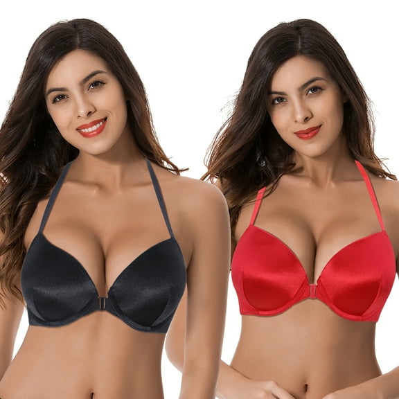 Curve Muse Womens Push Up Add 1 and a half Cup Underwire Halter Front Close Bras -2PK-Black,Red-44B