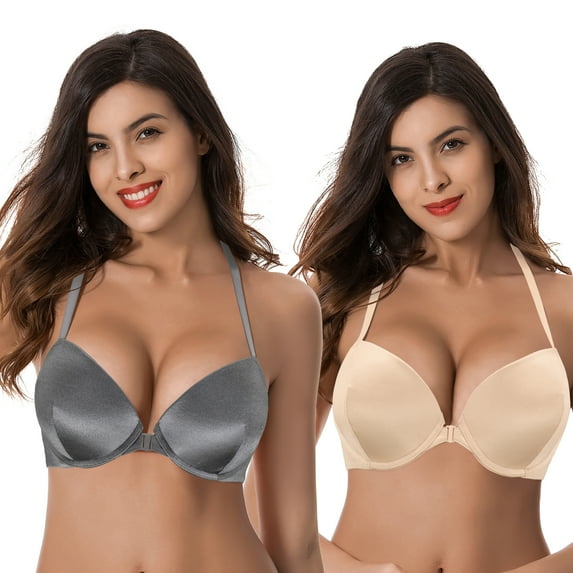 Curve Muse Womens Push Up Add 1 and a half Cup Underwire Halter Front Close Bras -2PK-GREY,NUDE-42DDD
