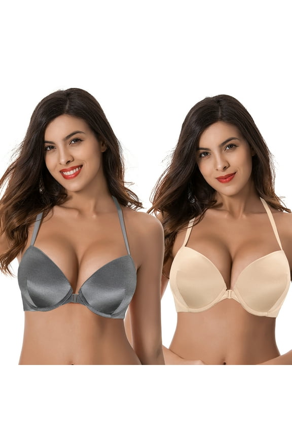 Womens Push Up Add 1 and a half Cup Underwire Halter Front Close Bras -2PK-GREY,NUDE-44DDD