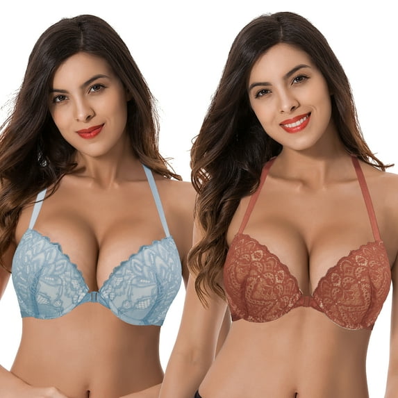Curve Muse Womens Push Up Add 1 and a half Cup Underwire Halter Front Close Bras -2PK-LT BLUE,RUST-46DDD