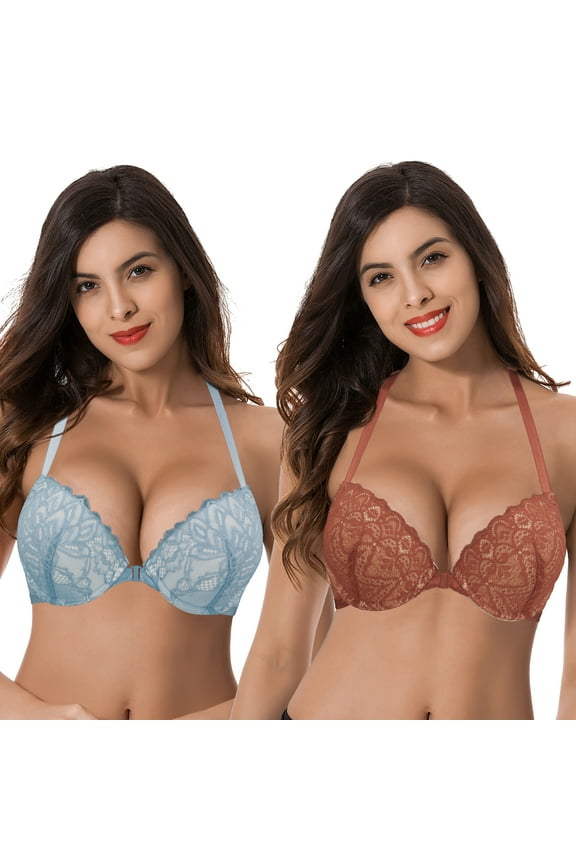 Womens Push Up Add 1 and a half Cup Underwire Halter Front Close Bras -2PK-LT BLUE,RUST-46DDD