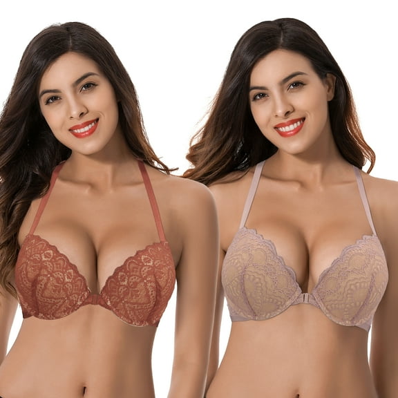 Curve Muse Womens Push Up Add 1 and a half Cup Underwire Halter Front Close Bras -2PK-Mauve,Rust-46DD
