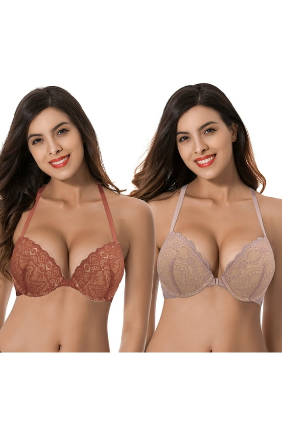 Womens Push Up Add 1 and a half Cup Underwire Halter Front Close Bras -2PK-Mauve,Rust-46DD