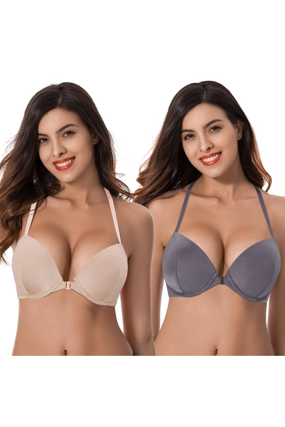 Womens Push Up Add 1 and a half Cup Underwire Halter Front Close Bras -2PK-Nude,Grey-42DD