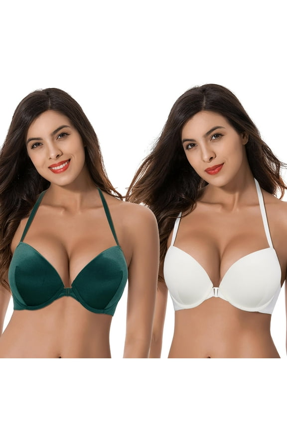 Womens Push Up Add 1 and a half Cup Underwire Halter Front Close Bras -2PK-White,Dk Green-34C