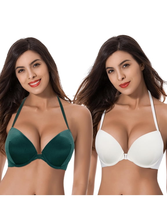 Womens Push Up Add 1 and a half Cup Underwire Halter Front Close Bras -2PK-White,Dk Green-38C