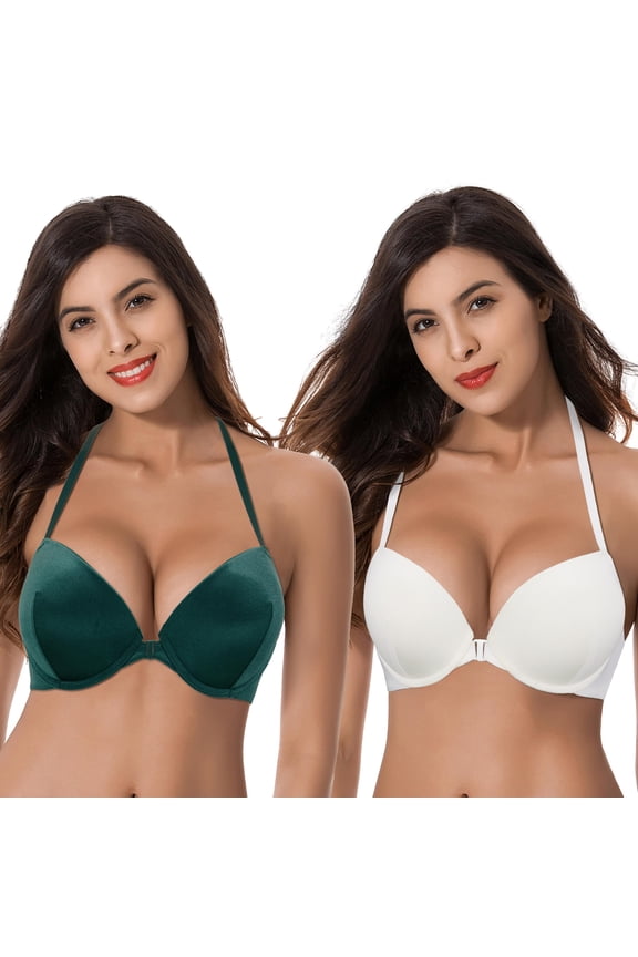 Womens Push Up Add 1 and a half Cup Underwire Halter Front Close Bras -2PK-White,Dk Green-46C