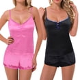 thumbnail image 1 of Curve Muse Womens Satin Lingerie Lace Camisole Tank Top With Shorts Pajama Set pack of 2-BLACK, H PINK-M, 1 of 7