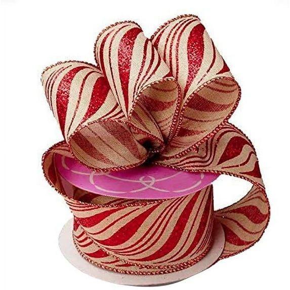 Curve Striped Wired Christmas Ribbon - 2 1/2" x 10 Yards, Red Glitter, Natural Ribbon, Candy Cane Swirls, Garland, Gifts, Wreath, Bows