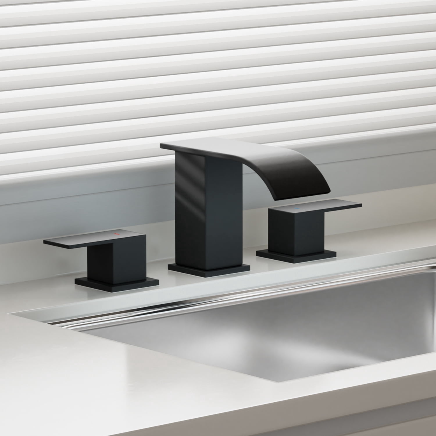 Curve Waterfall 8 in. Widespread 2-Handle Bathroom Faucet, 3-Hole Sink Faucet with Pop-Up Drain, Matte Black