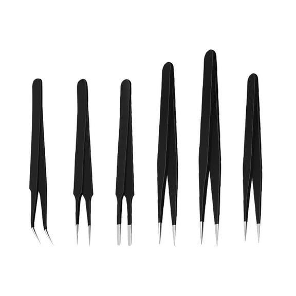 Curve and Straight Tip Stainless Steel Tweezers Set for Nail Art, Rhinestones, and Beadwork 6Piece Hand Tool Kit