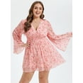 thumbnail image 1 of CurveSoul Floral Print Dresses for Women V Neck Long Sleeve Ruched Ruffle Short Dress Elastic High Waist Flowy Dress, 1 of 4