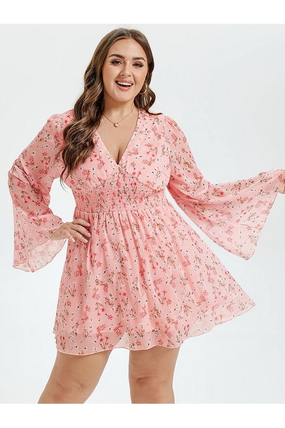 Floral Print Dresses for Women V Neck Long Sleeve Ruched Ruffle Short Dress Elastic High Waist Flowy Dress