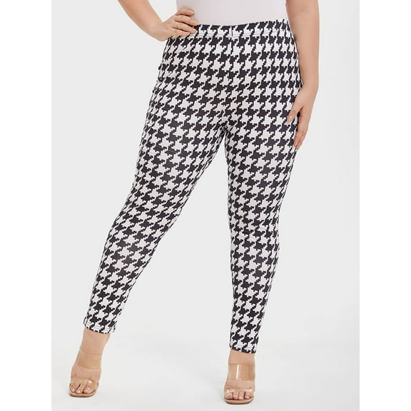 CurveSoul Plus Size Houndstooth Print Elastic High Waist Skinny Pants