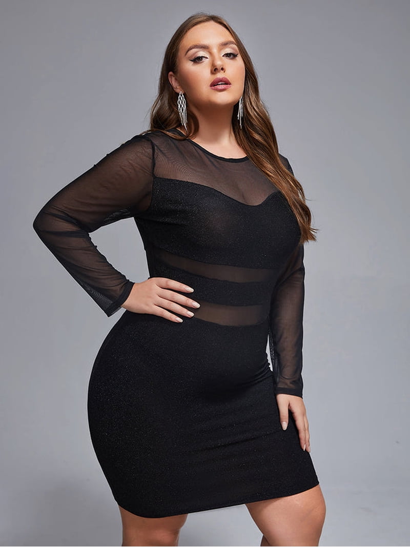 sheer mesh dress plus size Plus Size T Shirt Dress With Mesh Bottom Final Sale Plus Size Sheer Mesh  Mini Bodycon Dress In Black Summer