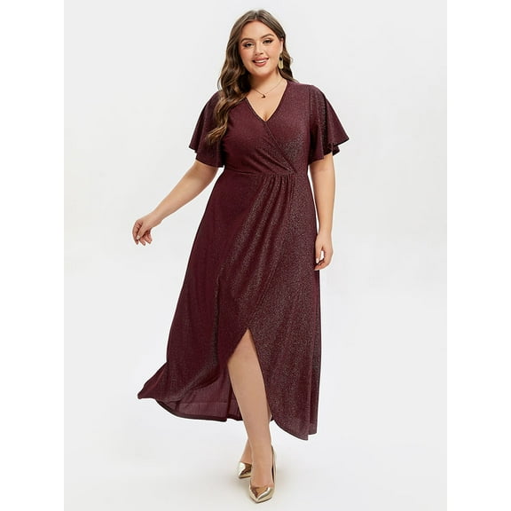 CurveSoul V-Neck Ruffle Sleeve Split Glitter Maxi Dress for Women Short Sleeve Formal Prom Dress Evening Party Club Date Night Sparkly Dress