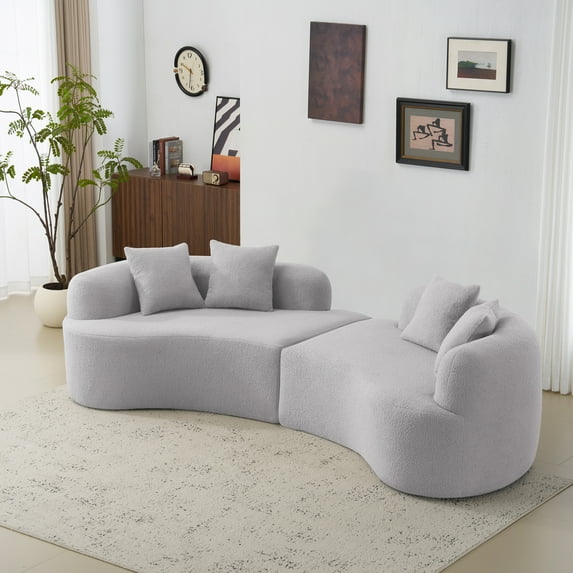 Curved 4-Seater Grey Full Compression Sponge Sofa, Teddy Velvet, No Assembly