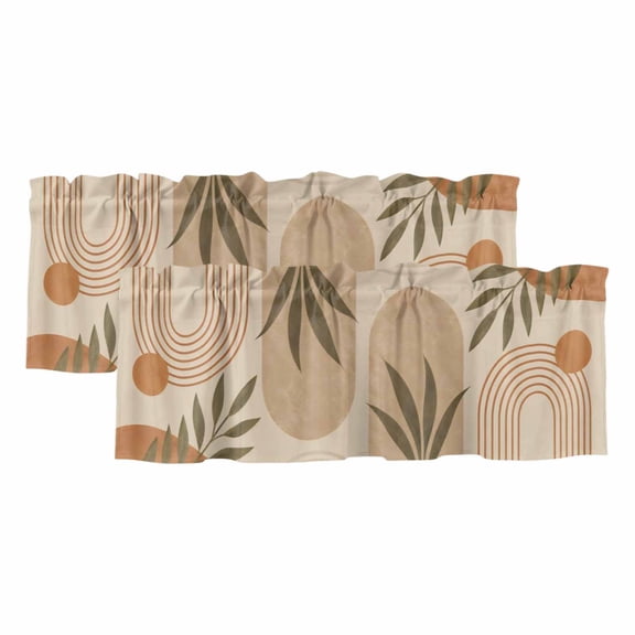 Curved Arch Shapes 2 Panels Kitchen Valance, Boho Minimalist Terracotta Beige Circle Leafy Curtains Valances for Small Windows Rod Pocket Window Treatments for Living Room Bedroom 42" W x 12" L