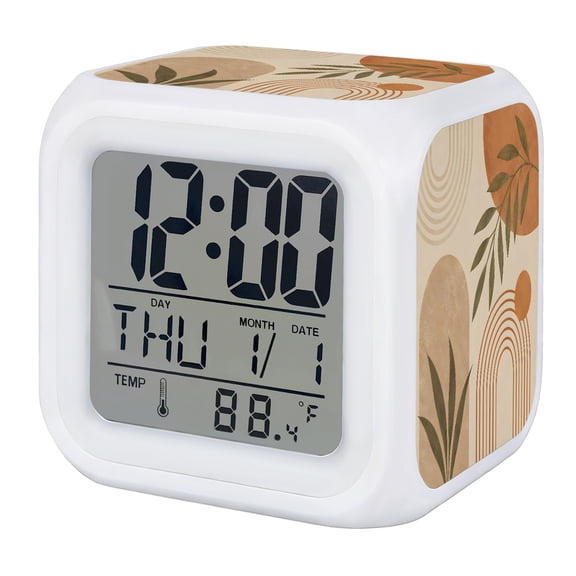 Curved Arch Shapes Alarm Clock, Boho Minimalist Terracotta Beige Circle Leafy Digital Clock Night Light with 7 Color, Calendar Temperature Display, LED Desk Small Clock for Bedrooms Living Room