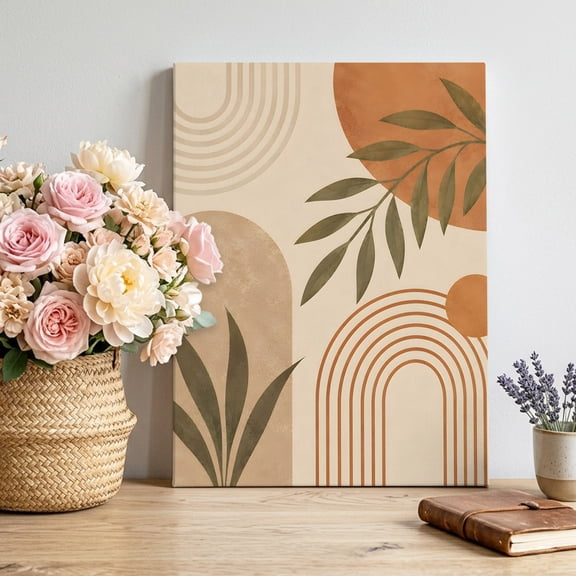 Curved Arch Shapes Canvas Wall Art for Living Room, Boho Minimalist Terracotta Beige Circle Leafy Poster Print Painting for Bedroom Office Home Decoration Wall Pictures Prepare To Hang 8"x10"
