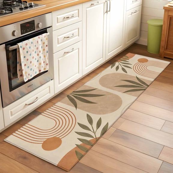 Curved Arch Shapes Runner Rug Non Slip 2x6 Boho Minimalist Terracotta Beige Circle Leafy Washable Rug Runner for Hallways Low Pile Kitchen Rugs Stain Resist Carpet for Bathroom Bedroom Entryway