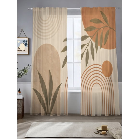 Curved Arch Shapes Sheer Curtains 108 inches Long, Boho Minimalist Terracotta Beige Circle Leafy Light Filtering Sheer Window Curtains Rod Pocket Voile Drapes for Bedroom Living Room, 2 Panels
