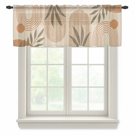 Curved Arch Shapes Sheer Valances for Windows, Boho Minimalist Terracotta Beige Circle Leafy Semi Sheer Kitchen Valance Rod Pocket Small Voile Window Curtains for Living Room Bedroom 42 x 12 Inch