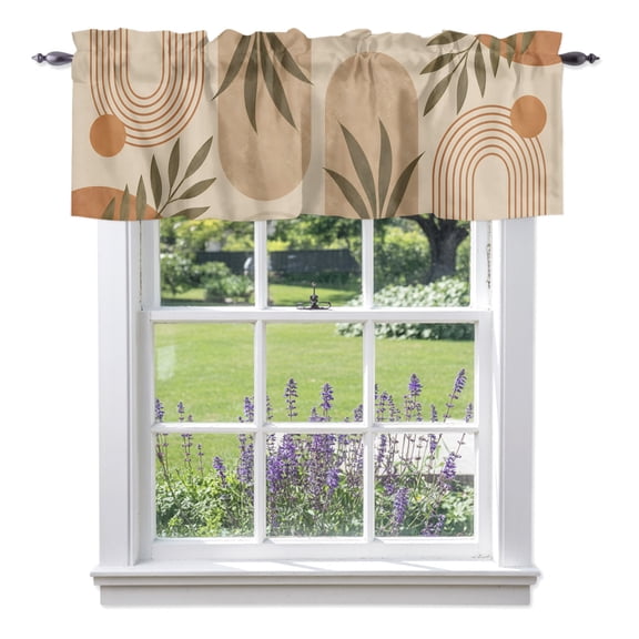 Curved Arch Shapes Valances for Windows, Boho Minimalist Terracotta Beige Circle Leafy Rod Pocket Short Window Valance Curtains Holiday Window Treatment for Kitchen Living Room Bathroom 42" x 12"