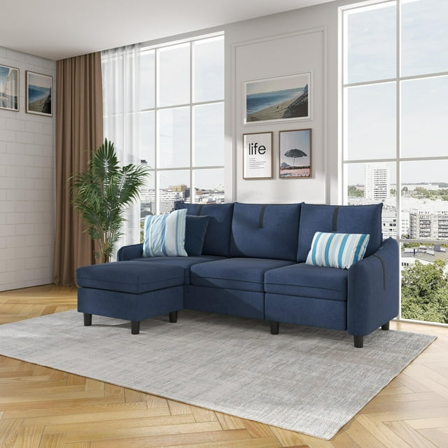 Curved Arm Sectional Sofa with Reversible Ottoman Blue