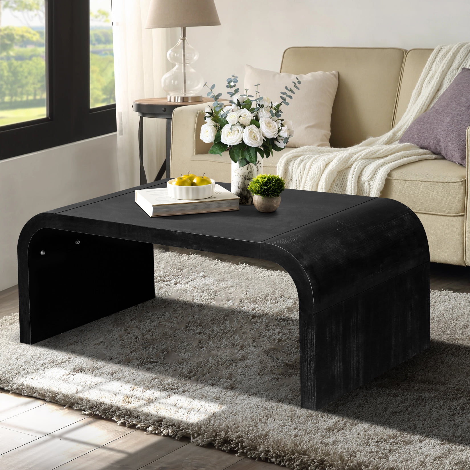 Curved Art Deco Farmhouse Coffee Table, Vintage Low Cocktail Table with ...