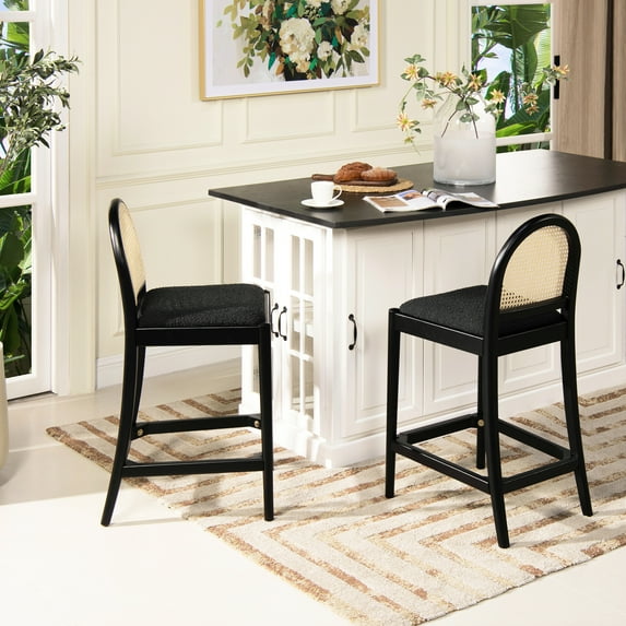 Curved Back Counter Stools Of 2, Ebony Black Boucle, Solid Oak Wood In Medium Brown, Natural Cane Webbing , Ergonomic Footrest With Brass Plate Protection Choice 26.5" Stool (2), Boucle. Brown