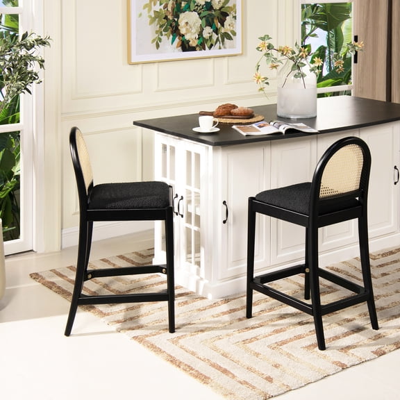 Curved Back Counter Stools Of 2, Ebony Black Boucle, Solid Oak Wood In Medium Brown, Natural Cane Webbing , Ergonomic Footrest With Brass Plate Protection Choice 26.5" Stool (2), Boucle. Brown