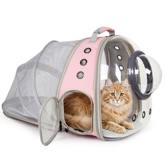 Curved Back Extention Stylish Transparent Shell Backpack with Ventilation Cover Breathable Travel Foldable Dog & Cat Carrier, Pink, Large